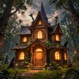 fairy tale magical witch house, glowing wooden doors and windows. witch hunt in the forest. illustration for a book of fairy tales, cinematic view, epic sky, detailed, concept art, low angle, high detail, warm lighting, volumetric, godrays, vivid, beautiful, trending on artstation, by jordan grimmer, huge scene, grass, art greg rutkowski