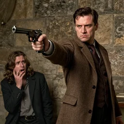 Photograph of a stern man wearing a brown tweed coat. He is pointing his handgun towards a frightened young man with long hair against a stone wall. 4K, dramatic lighting