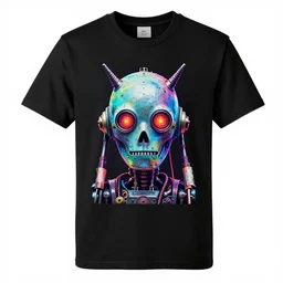 photoshop mockup of a black tshirt with a hyperdetailed portrait of a spaced out diesel punk robot, 8 k, symetrical, flourescent colors, multicolored,