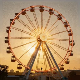 ferris wheel at sunrise. neon light, masterpiece 4 k digital illustration by ruan jia and mandy jurgens and william - adolphe bouguereau, award winning, artstation, gustave dore'background, intricate details, realistic, panoramic view, volumetric lighting, sun rays beaming, hyperdetailed, 8 k resolution, golden hour, intricate art nouveau, smooth, sharp focus, rendered in unreal engine 3