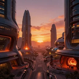 a bulbous zaha hadid space-station city street interior, ilm, beeple, star citizen halo, mass effect, 2001 space odyssey, elysium, iron smelting pits, warm saturated colours, atmospheric perspective, dramatic sunset