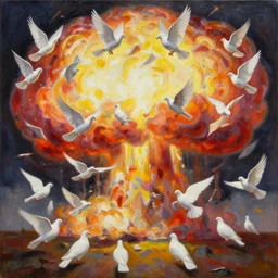 a beautiful painting there were many doves of peace in the nuclear explosion, by kusama miyama realistic oil painting
