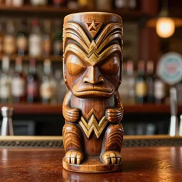 a closeup photorealistic photograph of a wonder woman style tiki mug placed on a trader vic's bar. tiki culture. brightly lit scene. this 4 k hd image is trending on artstation, featured on behance, well - rendered, extra crisp, features intricate detail, epic composition and the style of unreal engine.