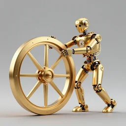 dynamic composition, intricate golden clockwork robot pushing a giant wheel to power a machine, steampunk, art deco!, ornate gilded cosmic machine, in the style of simon lee and jama jurabaev, engraved, artgerm, wlop, featured on cgsociety, unreal engine, 8 k render, octane, raytracing, photorealistic