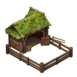isometric medieval horse stable with green roof and with corral, on white background, artstation, detailed, asset