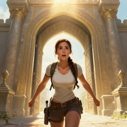 portrait of amazed Lara Croft entering the large Minas Tirith gate, sun beams, intricate, elegant, highly detailed, centered, digital painting, artstation, concept art, smooth, sharp focus, illustration, Allan Lee, John Howe