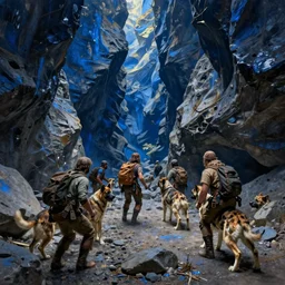 a small party of adventurers attacked by mastiffs while exploring a claustrophobic dark blue canyon of stone, oil painting, greg rutkowski, unreal engine, octane render, highly detailed