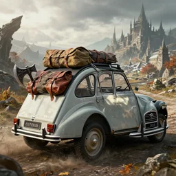 offroad citroen 2 cv ( 1 9 6 5 ) of daedric design driving across the rift, daedric axe stored on the side of the car, leather and cloth traveller backpacks on roof, riften city in the background, epic fantasy, autumn, the elder scrolls v : skyrim, dramatic lighting, establishing shot, by simon stalenhag