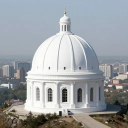 1 9 8 0's dome white mansion on a tall mountain, overlooking postsoviet city in the background