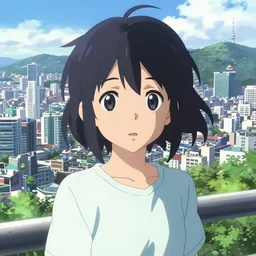 anime visual of a black haired boyish girl wearing shirts on top of tower sightseeing bright seoul cityscape by makoto shinkai, cute face by yoh yoshinari, katsura masakazu, detailed