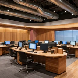 photorealistic network television newsroom studio designed by frank gehry, desks with computer monitors, warm wood appointments, ceiling ducts
