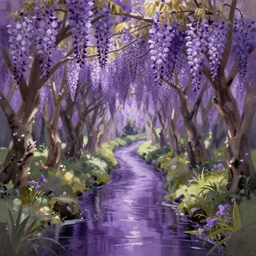 wisteria forest with a narrow purple river flowing through it. digital painting. trending on artstation.