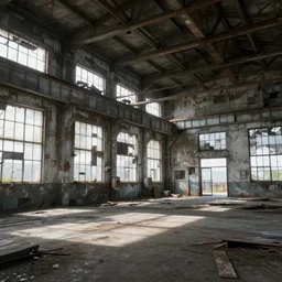 abandoned industrial factory interior, sunlight filtering through windows, digital art, trending on artstation