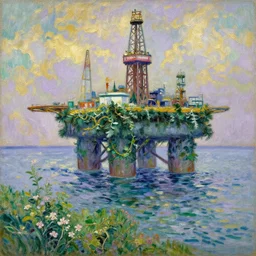 offshore oil rig made by pine needles, overtaken by vines and flowers on the coast, expressive oil painting in the style of edvart munch and claude monet, green and lilac and gold color scheme