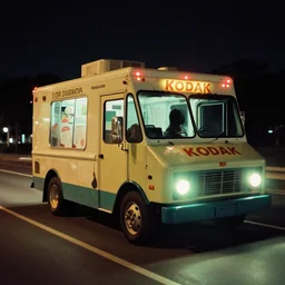 an ice cream truck driving on the road at night with green headlights, KODAK Portra 400, old photo