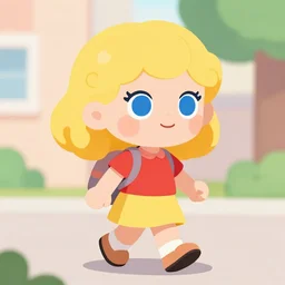 flat shaded cartoon cute girl figure with curly blond hair, blue wide eyes. the girl is wearing red shirt and yellow short dress. she is waling home from school.