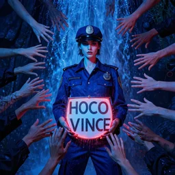 only with blue, high fashion model shooting a cop, too many hands in all directions, in hoc signo vinces, waterfall, in the style of leonora carrington, gottfried helnwein, intricate composition, blue light by caravaggio, insanely quality, highly detailed, masterpiece, red light, artstation