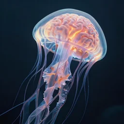 jellyfish with anatomical human brain visible, translucent, volumetric lighting, 8 k octane beautifully detailed render, post - processing, extremely hyper - detailed, intricate, epic composition, cinematic lighting, masterpiece, trending on artstation, detailed detailed detailed, masterpiece, stunning art by anders zorn, wonderful masterpiece by greg rutkowski, beautiful cinematic light,