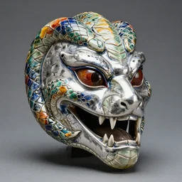 fantasy art ultra 4 k photo of a bizzare colorful polished shiny silver warrior knight snake mask made of ceramic carved by h. r. giger