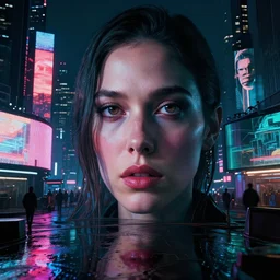 detailed face of a woman, moment, cyberpunk cloisters, electronic billboards, tech noir, wet reflections, prism, atmospheric, ambient, pj crook, syd mead, livia prima, greg rutkowski, edward hopper