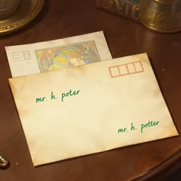 there is a letter lying on the living - room table, and an unstamped envelope of yellowish parchment, addressed to mr. h. potter in emerald - green ink. digital painting, artstation, concept art, sharp focus, illustration, art by artgerm and greg rutkowski and alphonse mucha, masterpiece