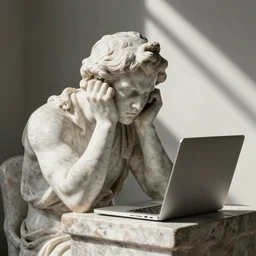 a marble statue frustrated with a laptop