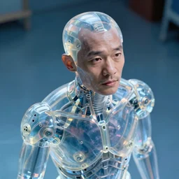 high quality 35mm photo very expressive translucent! chinese man exoskeleton highly detailed eric zener elson peter cinematic blue lighting high angle hd 8k sharp shallow depth of field