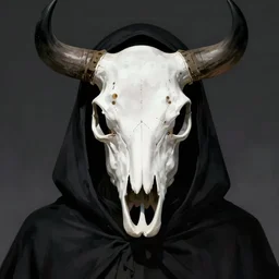 portrait of a character wearing a black cloak, with a white mask in the shape of a cow skull, the mask covers her entire face, dramatic lighting, illustration by Greg rutkowski, yoji shinkawa, 4k, digital art, concept art, trending on artstation