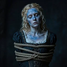 dark portrait, blonde woman in medieval dress, strangled with rope, bluish face, closed eyes, victorian style, high detail
