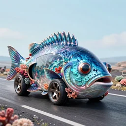 car made of fish, half car half fish, car with fins and gills, underwater fishy car, coral, luxury fish sports car, hd render 4 k, shiny materials, big bulging fish eyes, road