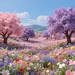 fields full of flowers, pink and purple trees and blue sky with hills in the background. Intricate. Very detailed 8k. Fantasy. Sharp. Cinematic post-processing.