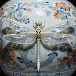 A single Close up photo-real delicate ceramic porcelain sculpture of an ornate Symmetrical dragonfly detailed in front of an intricate background by Victo Ngai and takato yamamoto, micro detail, backlit lighting, face in focus, subsurface scattering, translucent, thin porcelain, octane renderer, colorful, physically based rendering, japanese pottery, trending on cgsociety