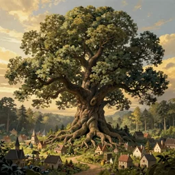 a detailed matte painting of a massive oversized oak tree in the middle of a forest. between tree roots in the foreground, a lot of miniature houses of a medieval city can be seen. golden hour. art by stephan martinere, trending on artstation, enchanting fantasy art. mystical concept art. view from afar