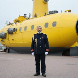 a old man in officer suit of russian empire, gray hair and beard, standing near giant yellow dieselpunk ship