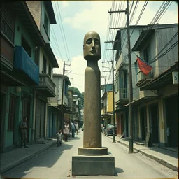 vintage color photo of a brancusi sculpture in the middle of a poor brazilian favela street, image by werner herzog
