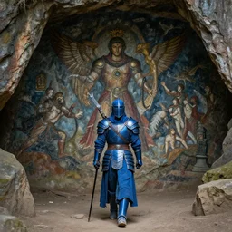 warrior clad in blue armor walks into large cave painting