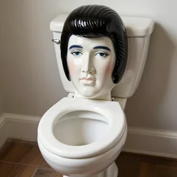 ceramic elvis toilet head, elvis mouth is the toilet bowl, photo of a elvis modelled toilet