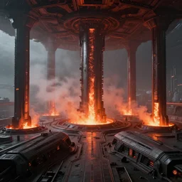 a minimalist scifi brutalist futuristic spaceship factory planet iron forge smelting pits with columns of glowing plasma smoke, high dynamic range, ilm, beeple, star citizen halo, mass effect, bladerunner, elysium