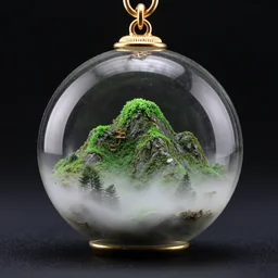 : : verdant mountain from firewatch inside a perfectly circular clear glass terrarium pendant, there is mist inside the pendant, plain black background, gold details