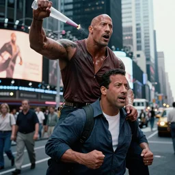 Dwayne the Rock Johnson riding on the back of Adam Sandler, doing Methamphetamine at Times Square, photograph by Alfred Eisenstaedt, 4K, dramatic lighting; 4K 8K