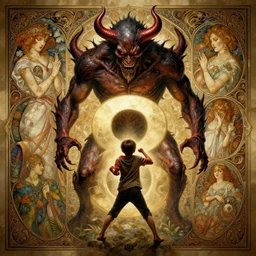 perfectly - centered - 8 0's movie poster of a kid fighting demon, intricate, highly detailed, digital painting, artstation, concept art, smooth, sharp focus, illustration, unreal engine 5, 8 k, art by artgerm and greg rutkowski and alphonse mucha and sam spratt