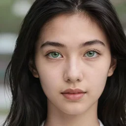 Beautiful young Eurasian female face, long black hair, green eyes, photorealistic,8k, XF IQ4, 150MP, 50mm, F1.4, ISO 200, 1/160s, natural light