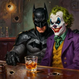 The Batman having a glass of whiskey with the Joker in a grungy bar riddled with bullet holes. Trending on ArtStation. A vibrant digital oil painting. A highly detailed sci-fi fantasy character illustration by Wayne Reynolds and Charles Monet and Gustave Dore and Carl Critchlow and Bram Sels
