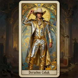 a dramatic ethereal epic symmetrical painting of a handsome!! cowboy in a shimmering silvery!!! (((golden))) outfit | tarot card, art deco, art nouveau,  (steampunk), homoerotic, realistic | by Dresden Codak, by Mark Maggiori and ((((Alphonse Mucha))) | trending on artstation