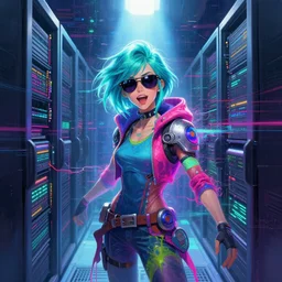 an angelic hacker with turquoise hair in vast cyberspace glitching through a vulnerable server, wearing sunglasses, wearing a choker, futuristic clothes, vibrant colors, rule of thirds, spotlight, drips of paint, expressive, passionate, by greg rutkowski, by jeremy mann, by francoise nielly, by van gogh, digital painting