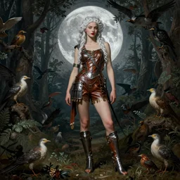 of an ancient roman warrior, goddess of flora and fauna, hunting, femininity and fertility, the personification of the moon with red lips, with curls of long white hair, standing in the middle of the forest and birds, in leather overalls from lee alexander mcqueen, iron armor, heels, very beautiful style, edgard maxence titian 8 k