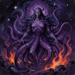 tentacles in universe, a god stature, DARK PURPLE SCHEME, stars, FIRE,by studio ghibli painting,by Joaquin Sorolla rhads Leyendecker, by Ohara Koson and Thomas Kinkade