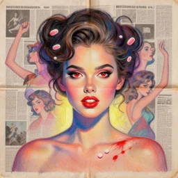 a handmade collage portrait painting with newspapers of a girl from 1 9 8 0 s, red eyes, neon pills, high detailed, retro style painting, retro pastel colored palette, grain and texture, dancing heads, illustration, oil pastel drawing, symetrical, in the middle, looking to camera, high shoulders, gradient lighting at the back, sharp teeth, red paint stains, extremely elegant drawing, looking straight, lens correction, sharp focus, 8 k