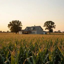 a medium shot angle of a countryside house in the middle of a cornfield in the sunrise.