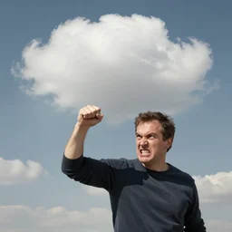 a french artist angrily shaking his fist at a cloud. stock photo.